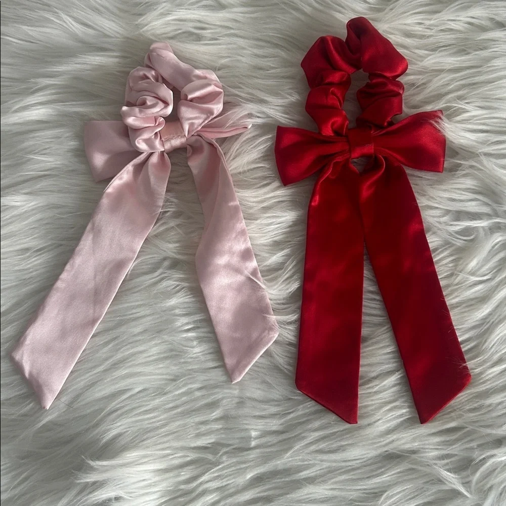 Silk Satin Hair Bow Scrunchies red, pink and black valentine colors set of 3